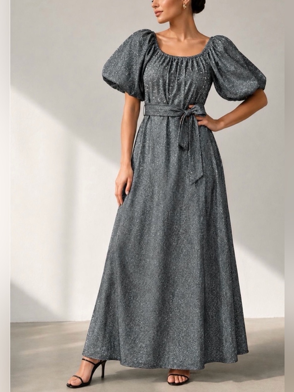 Sparkle Silver Maxi Dress with Puff Sleeves